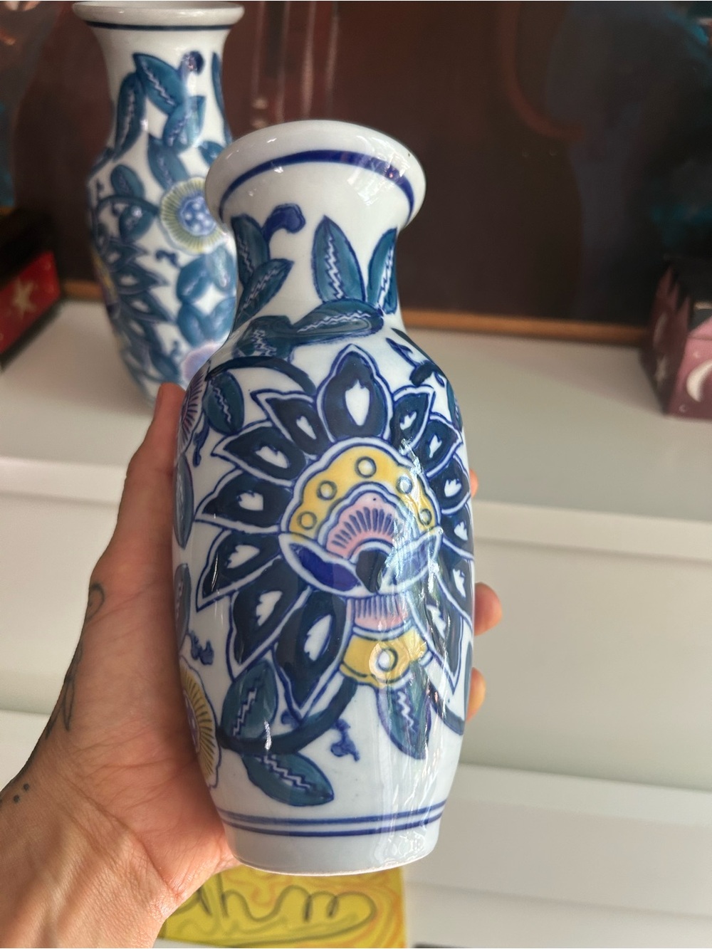 Pair Blue White Floral Ceramic Bud Vases Teal Pink Yellow Chinoiserie Decor - Picture 2 of 16